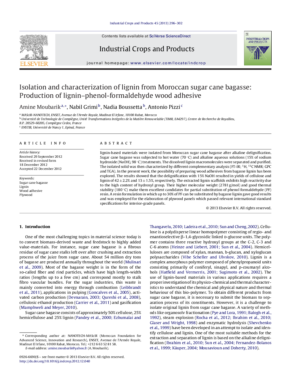 Isolation and characterization of lignin from Moroccan sugar cane bagasse: Production of lignin–phenol-formaldehyde wood adhesive