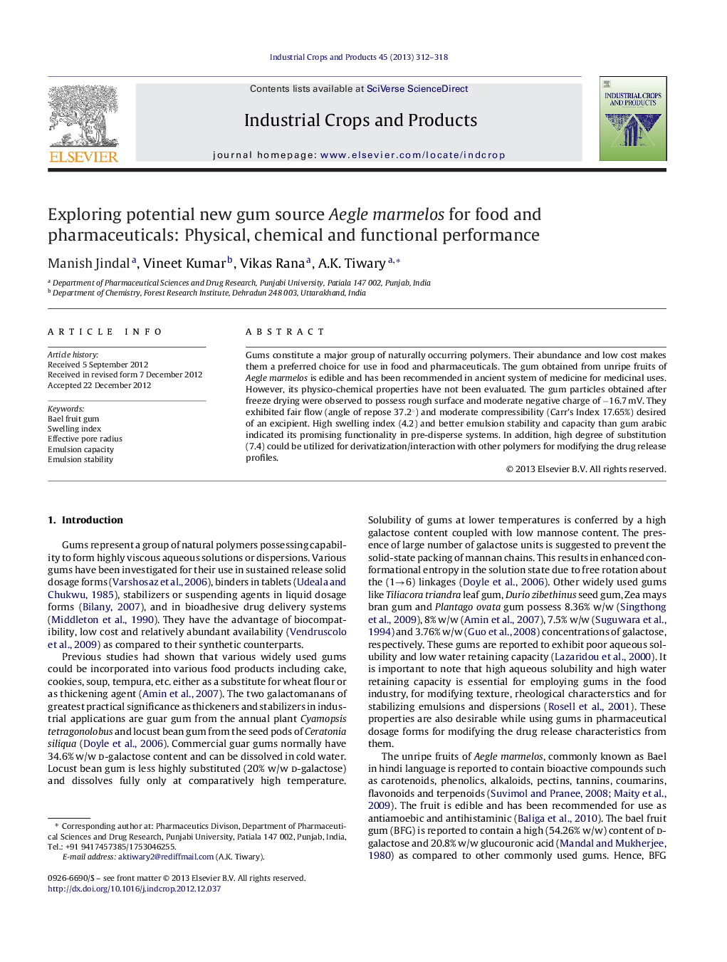 Exploring potential new gum source Aegle marmelos for food and pharmaceuticals: Physical, chemical and functional performance