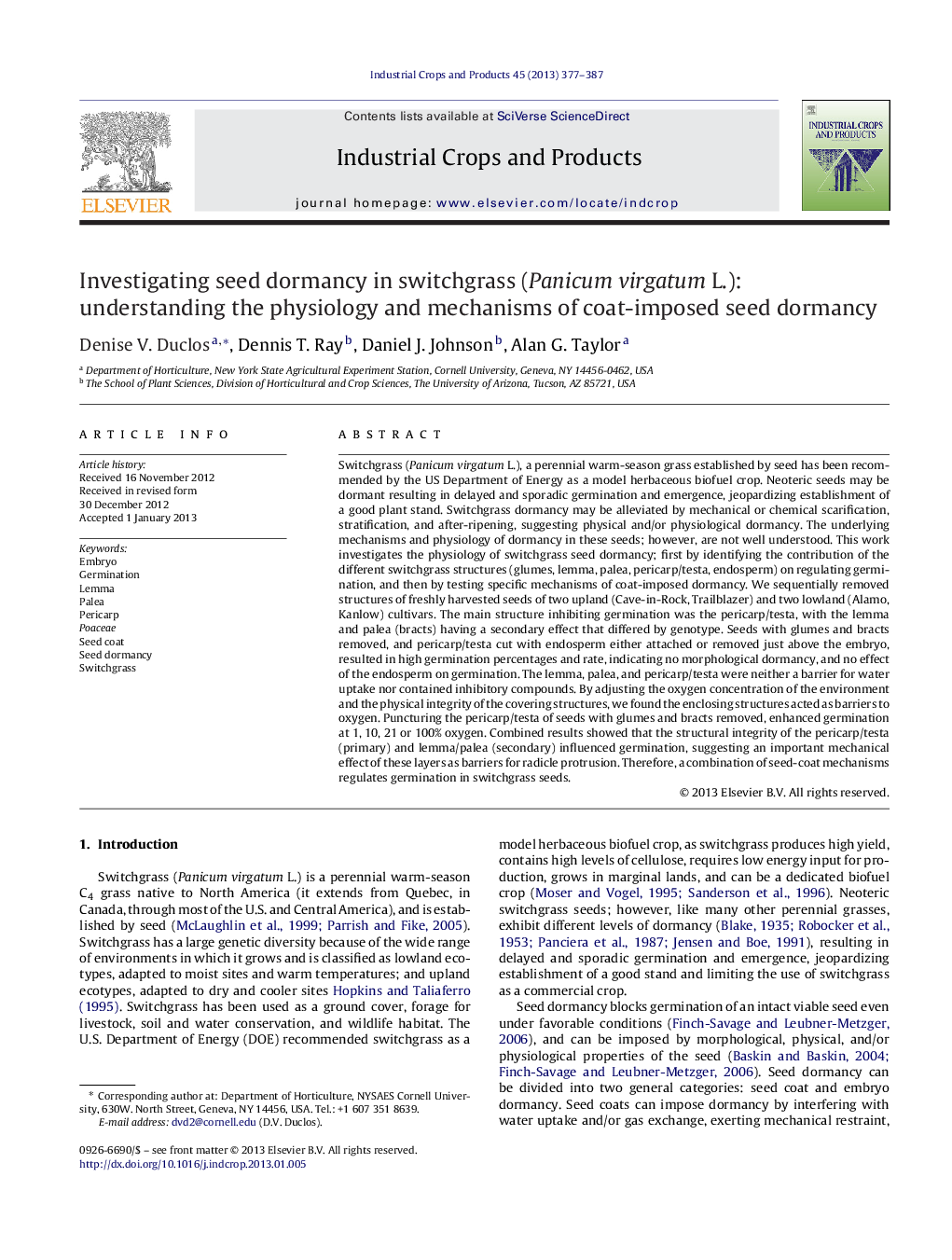 Investigating seed dormancy in switchgrass (Panicum virgatum L.): understanding the physiology and mechanisms of coat-imposed seed dormancy