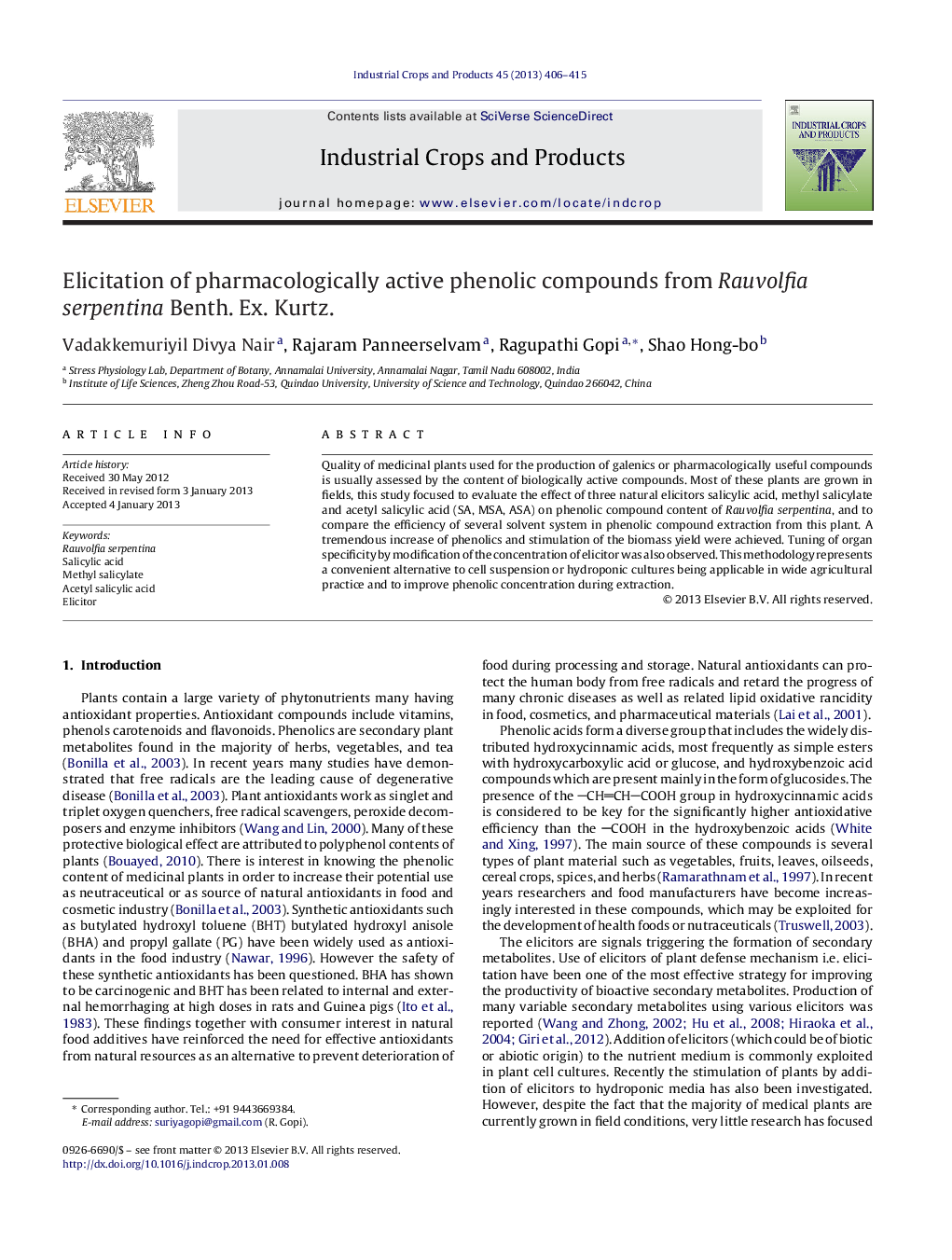 Elicitation of pharmacologically active phenolic compounds from Rauvolfia serpentina Benth. Ex. Kurtz.