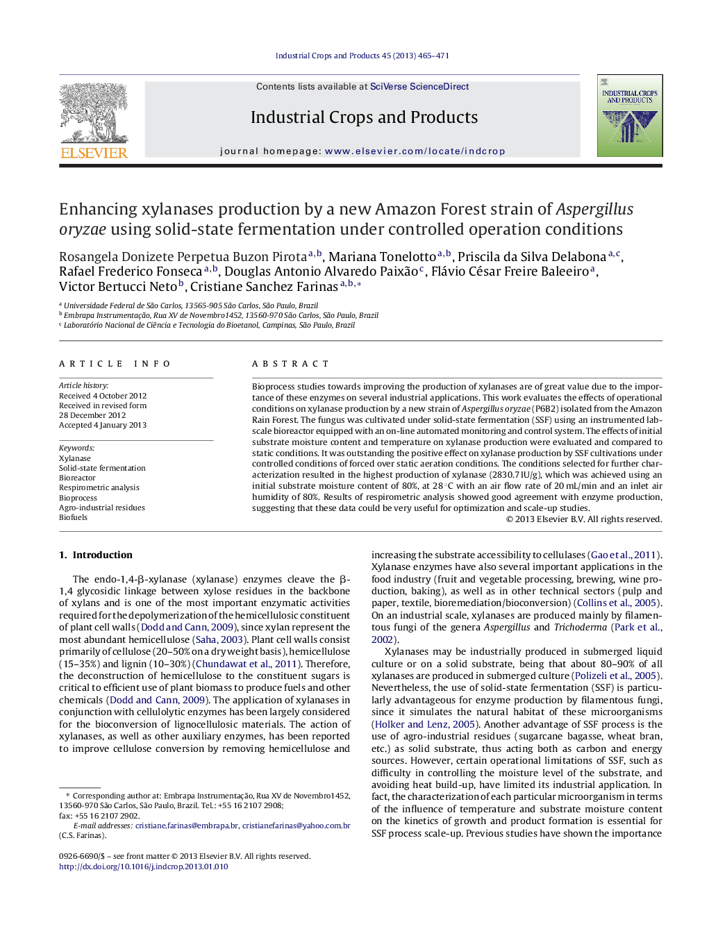 Enhancing xylanases production by a new Amazon Forest strain of Aspergillus oryzae using solid-state fermentation under controlled operation conditions