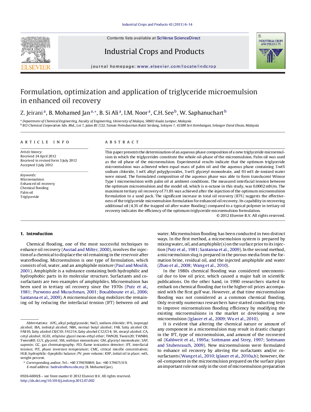 Formulation, optimization and application of triglyceride microemulsion in enhanced oil recovery