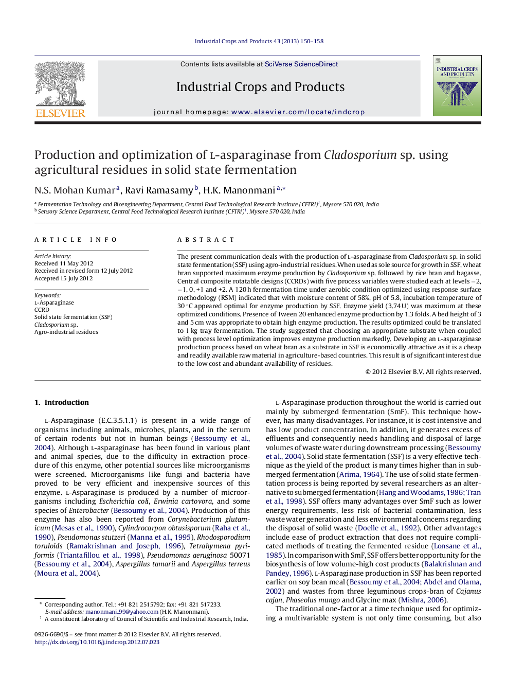 Production and optimization of l-asparaginase from Cladosporium sp. using agricultural residues in solid state fermentation