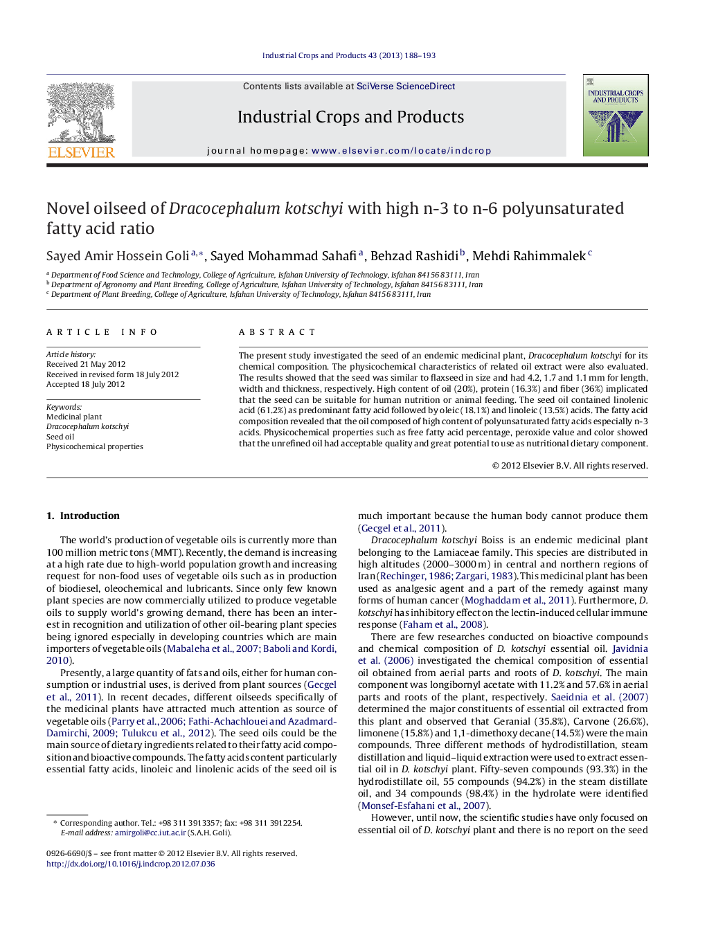 Novel oilseed of Dracocephalum kotschyi with high n-3 to n-6 polyunsaturated fatty acid ratio