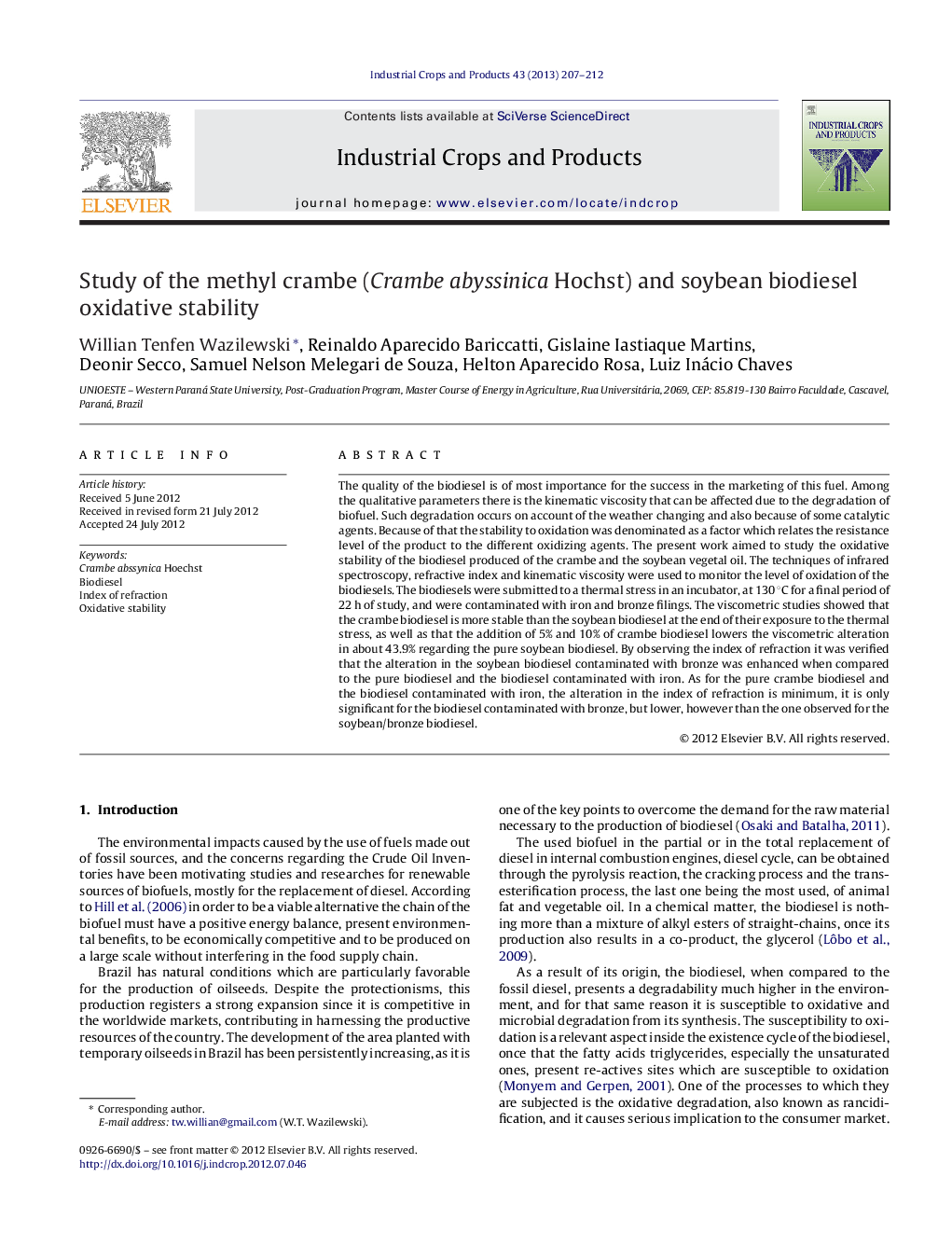 Study of the methyl crambe (Crambe abyssinica Hochst) and soybean biodiesel oxidative stability