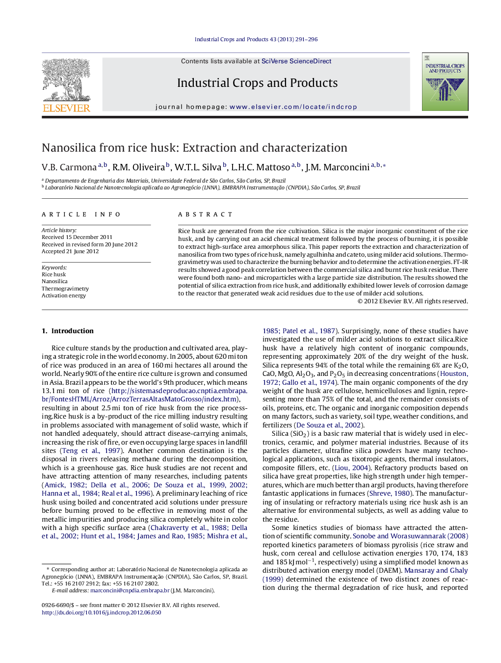 Nanosilica from rice husk: Extraction and characterization