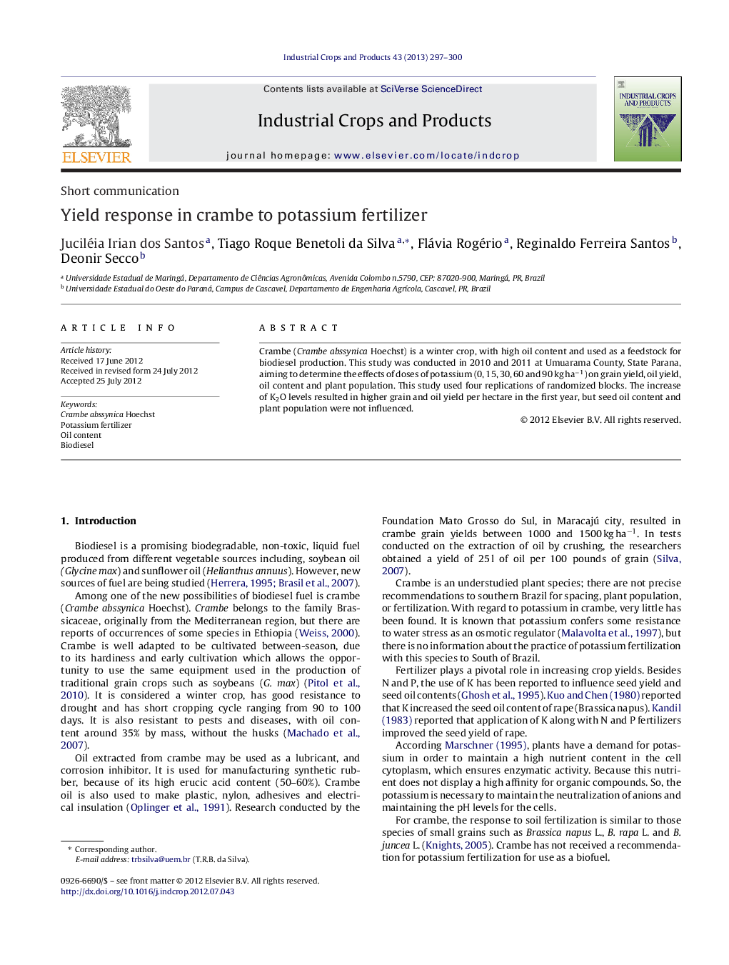 Yield response in crambe to potassium fertilizer