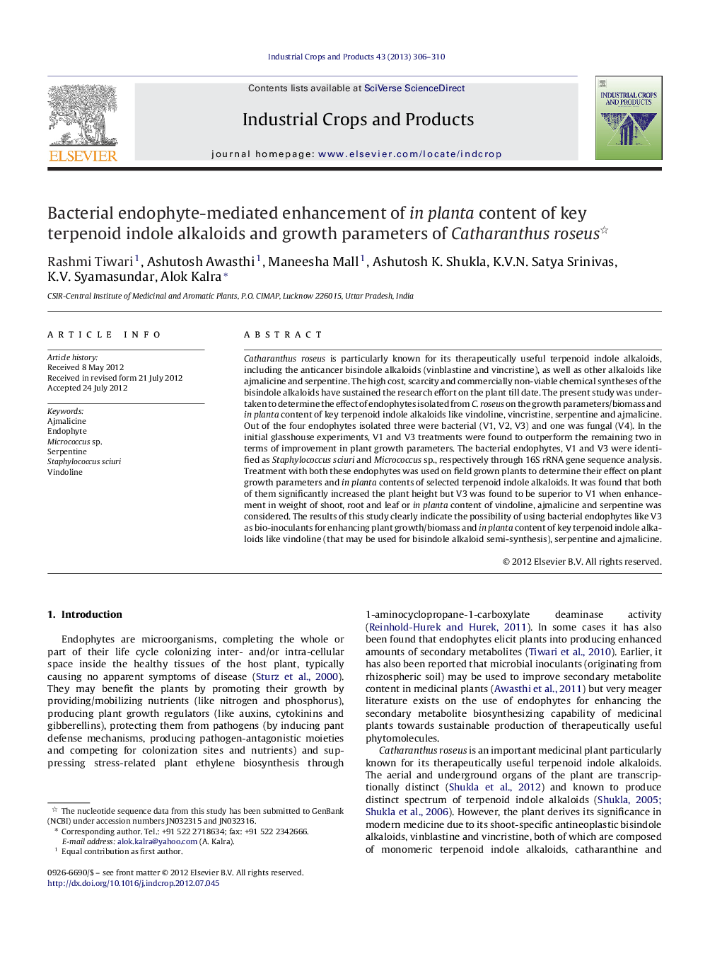 Bacterial endophyte-mediated enhancement of in planta content of key terpenoid indole alkaloids and growth parameters of Catharanthus roseus