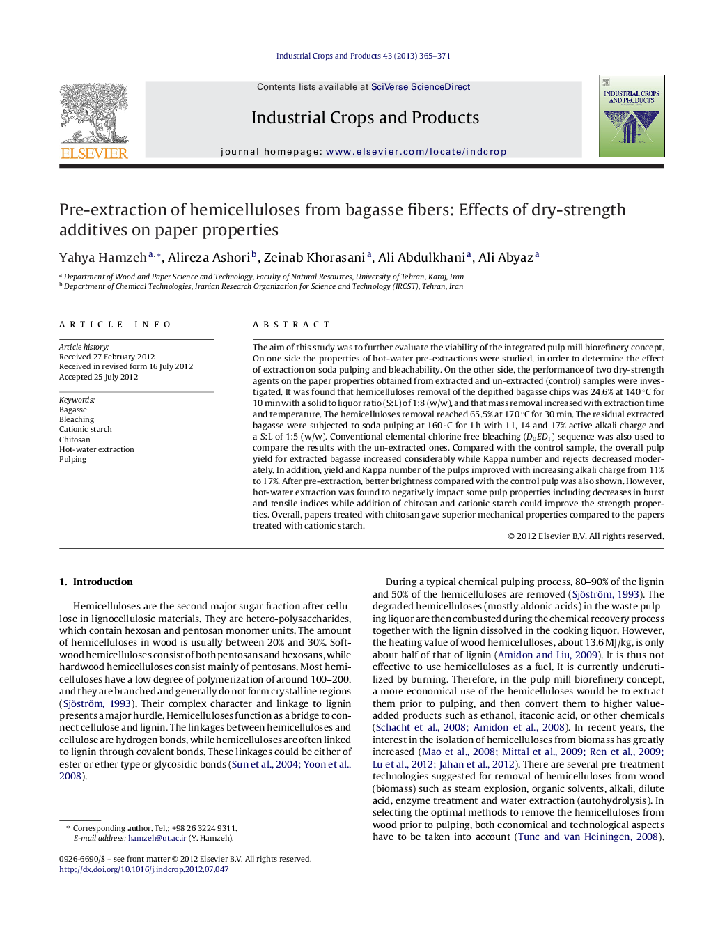 Pre-extraction of hemicelluloses from bagasse fibers: Effects of dry-strength additives on paper properties