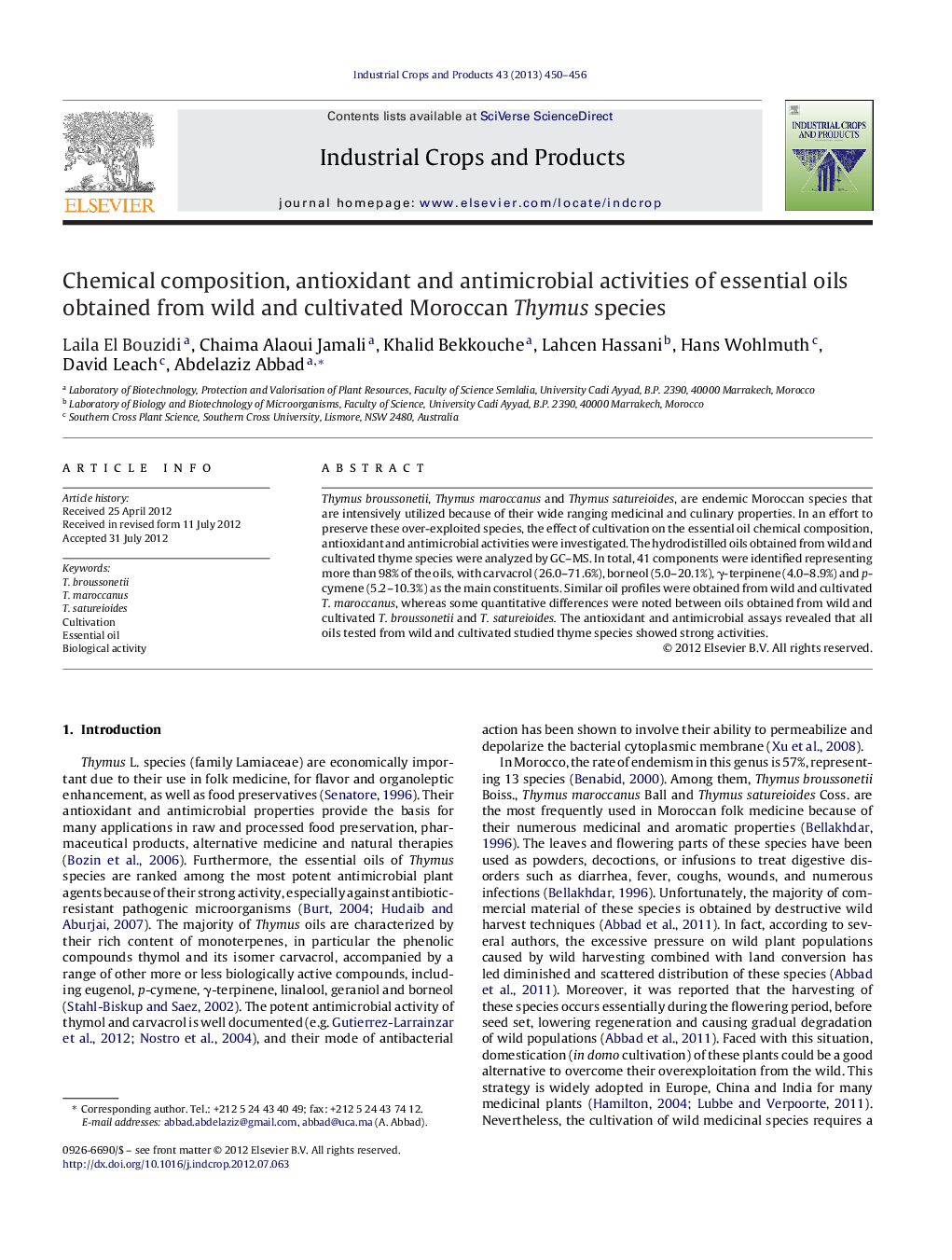 Chemical composition, antioxidant and antimicrobial activities of essential oils obtained from wild and cultivated Moroccan Thymus species