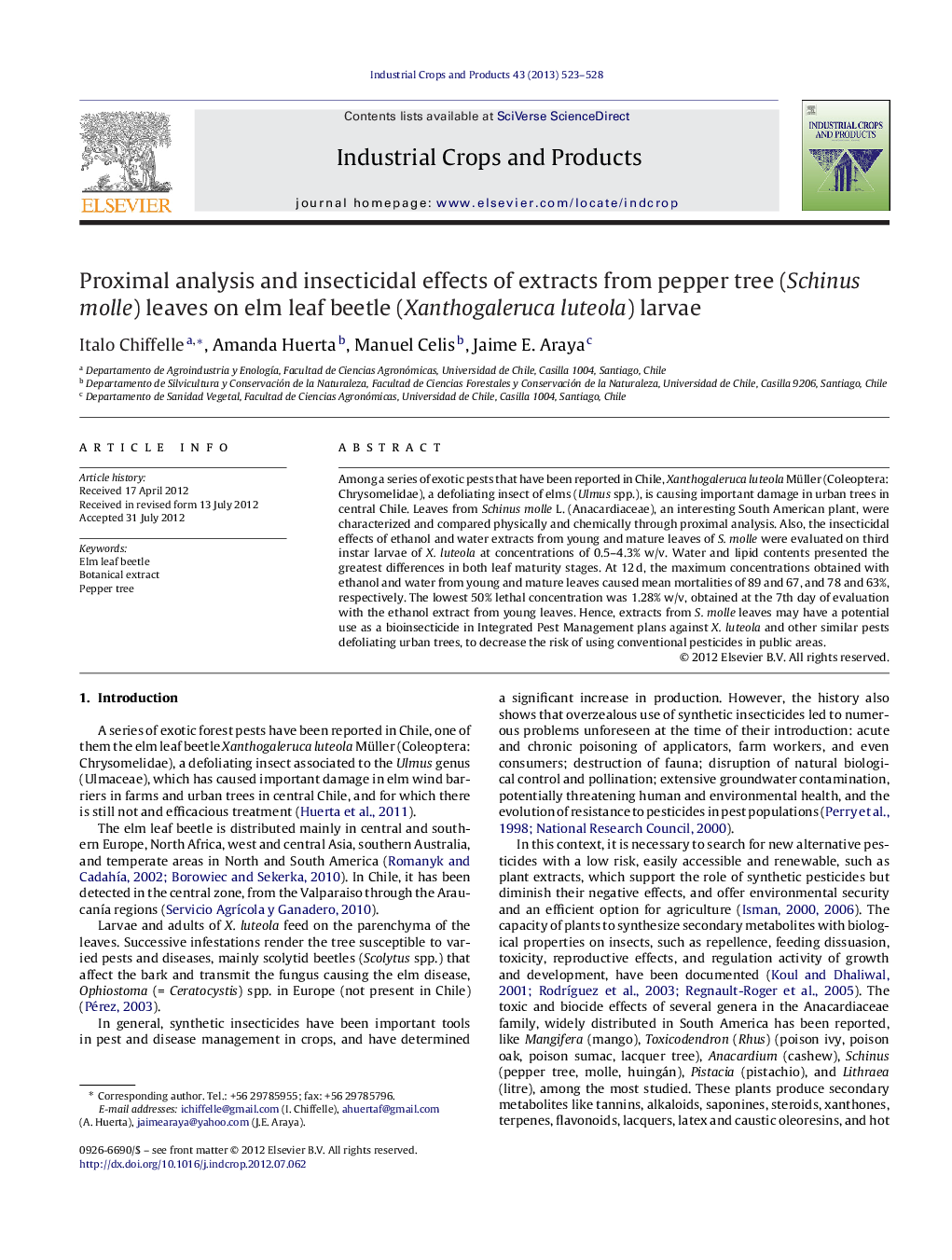 Proximal analysis and insecticidal effects of extracts from pepper tree (Schinus molle) leaves on elm leaf beetle (Xanthogaleruca luteola) larvae