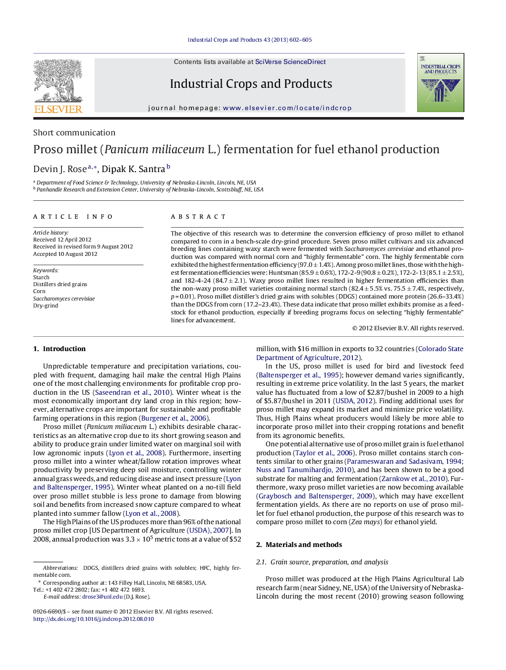 Proso millet (Panicum miliaceum L.) fermentation for fuel ethanol production