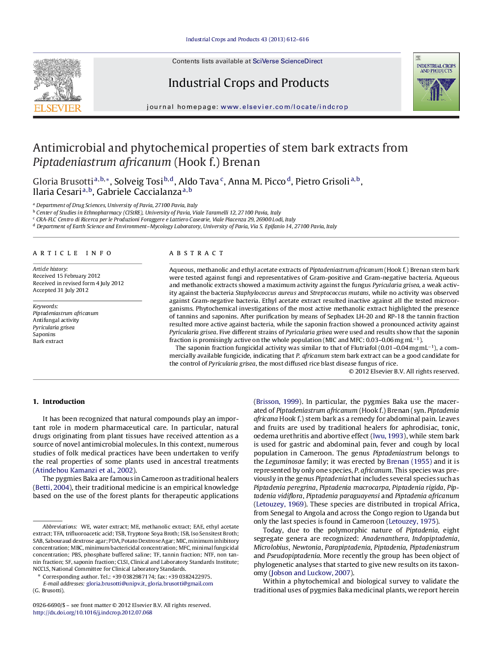 Antimicrobial and phytochemical properties of stem bark extracts from Piptadeniastrum africanum (Hook f.) Brenan