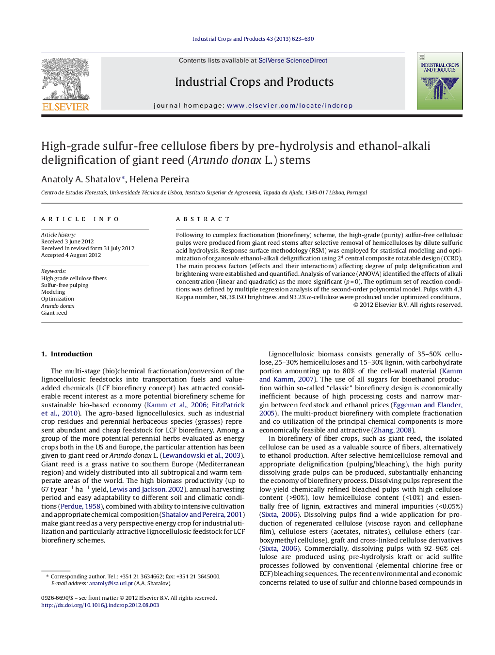 High-grade sulfur-free cellulose fibers by pre-hydrolysis and ethanol-alkali delignification of giant reed (Arundo donax L.) stems