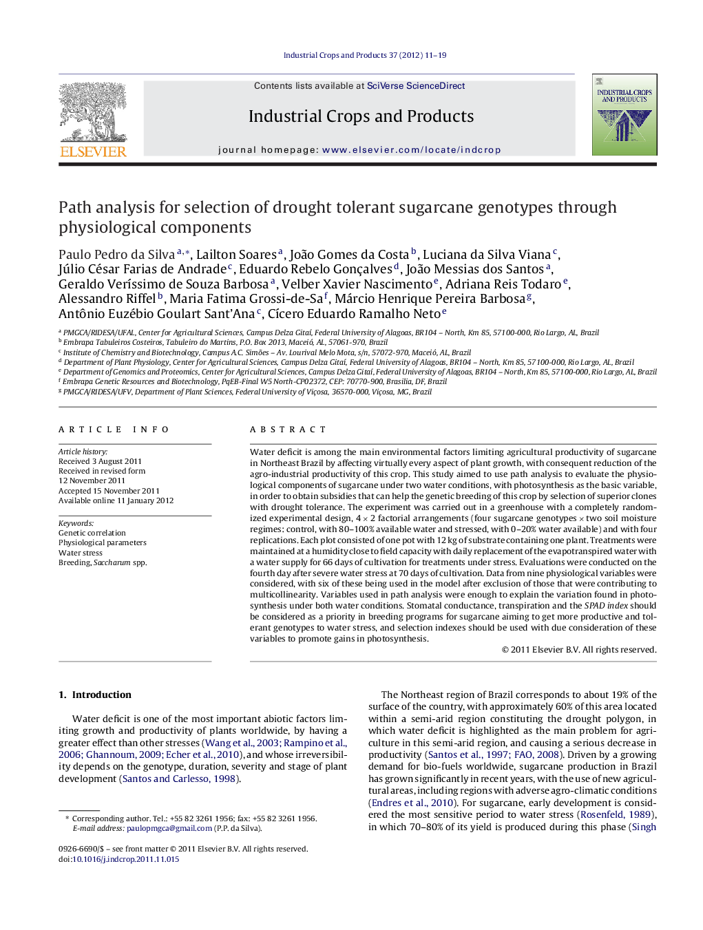 Path analysis for selection of drought tolerant sugarcane genotypes through physiological components