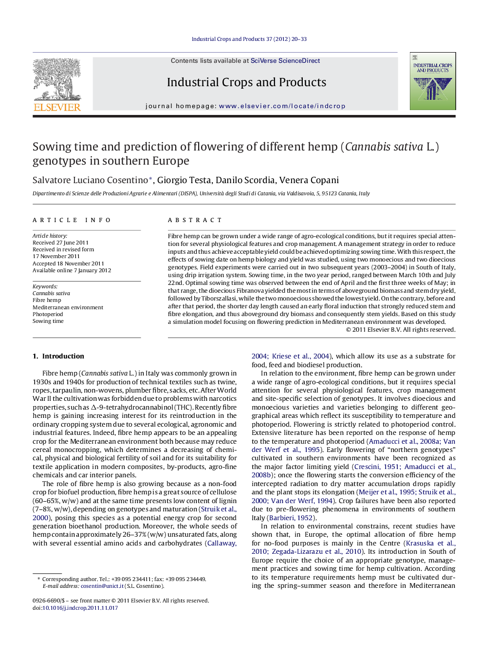 Sowing time and prediction of flowering of different hemp (Cannabis sativa L.) genotypes in southern Europe