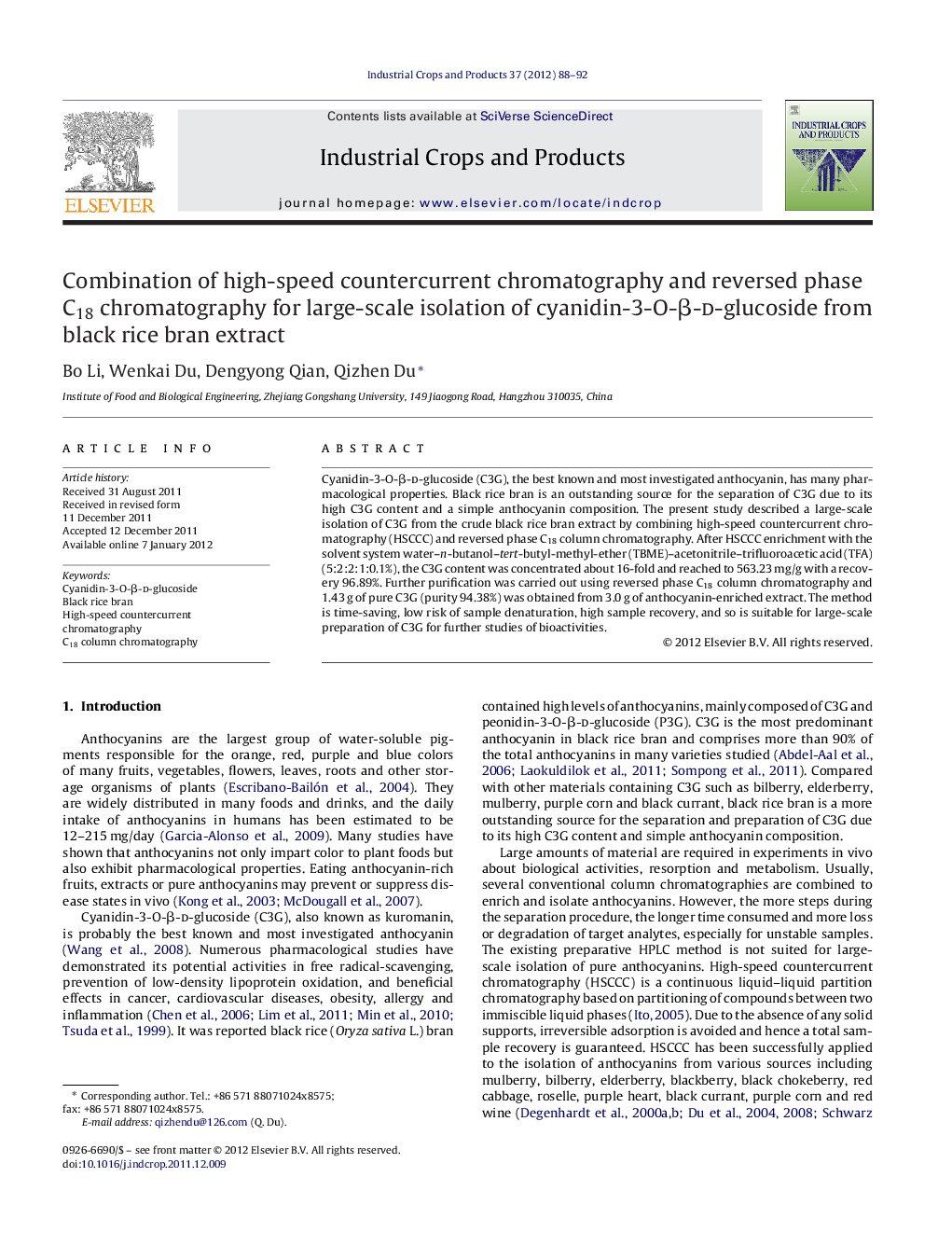 Combination of high-speed countercurrent chromatography and reversed phase C18 chromatography for large-scale isolation of cyanidin-3-O-β-d-glucoside from black rice bran extract