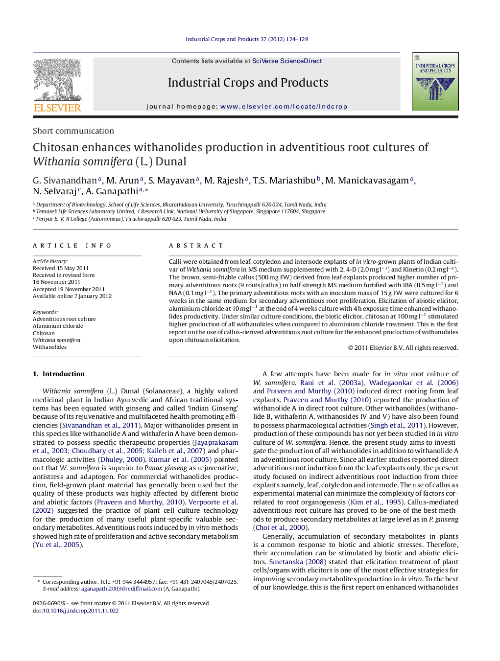 Chitosan enhances withanolides production in adventitious root cultures of Withania somnifera (L.) Dunal