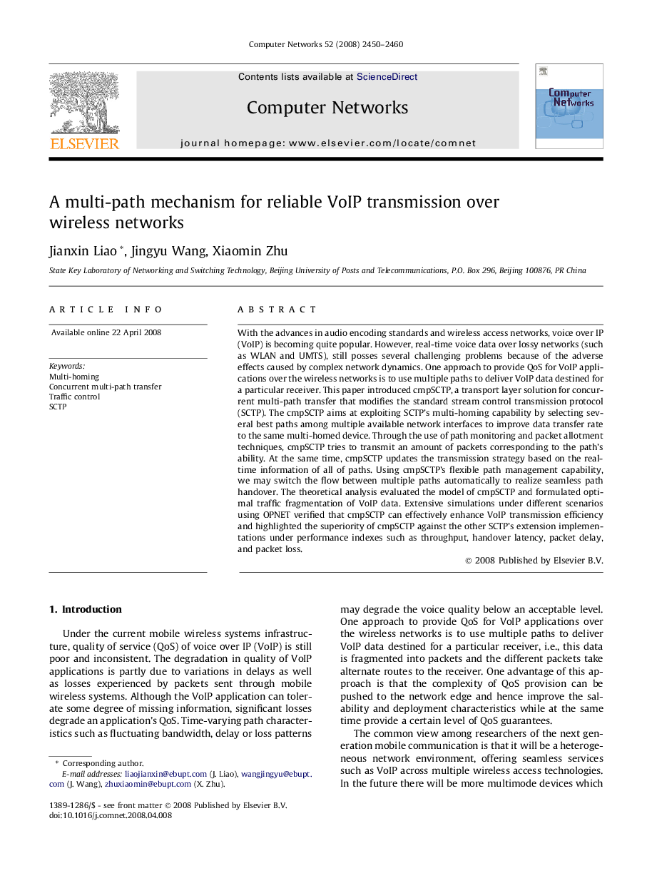 A multi-path mechanism for reliable VoIP transmission over wireless networks