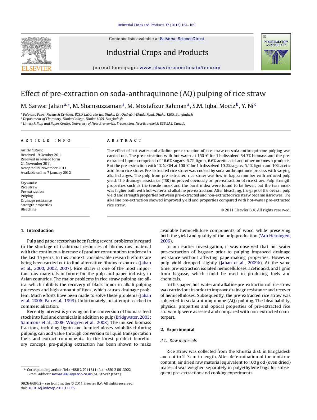 Effect of pre-extraction on soda-anthraquinone (AQ) pulping of rice straw