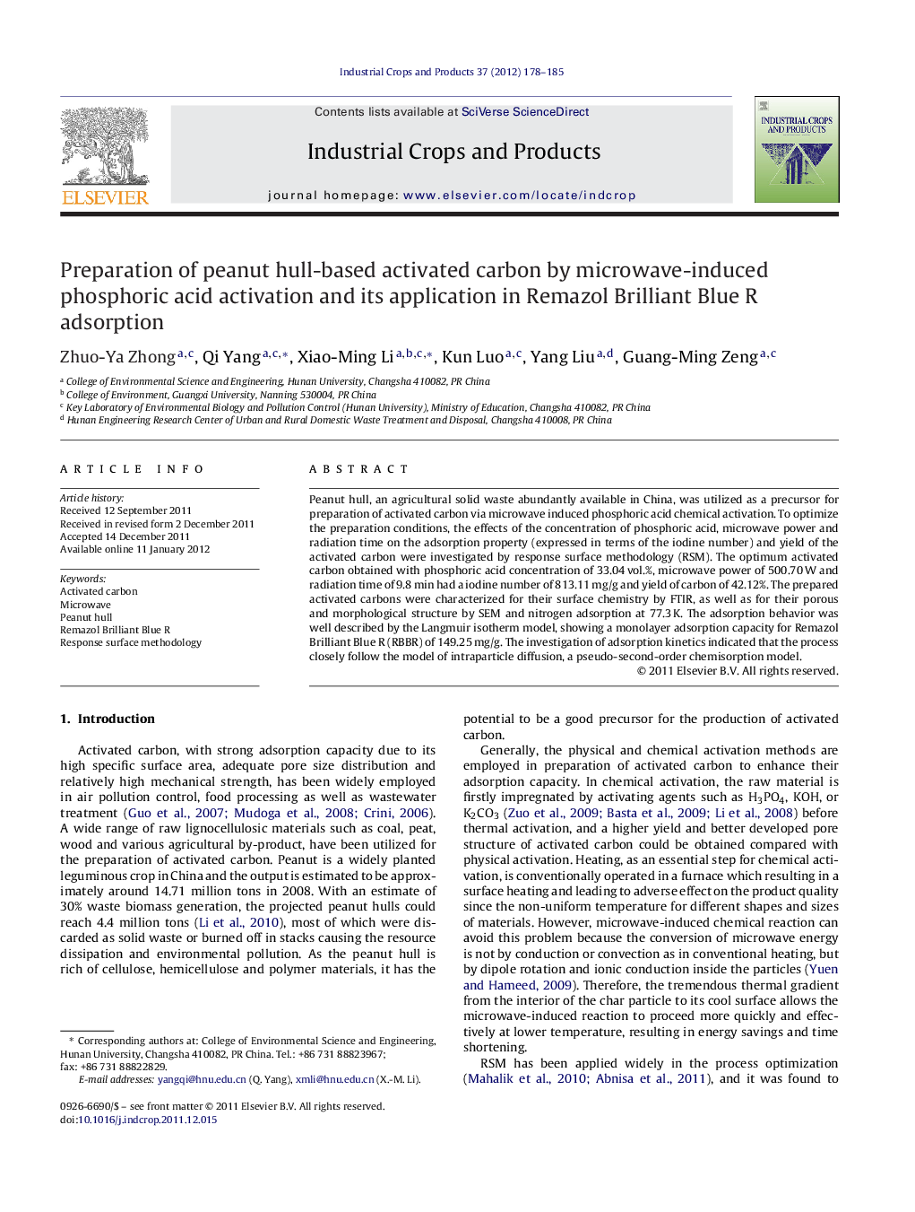 Preparation of peanut hull-based activated carbon by microwave-induced phosphoric acid activation and its application in Remazol Brilliant Blue R adsorption