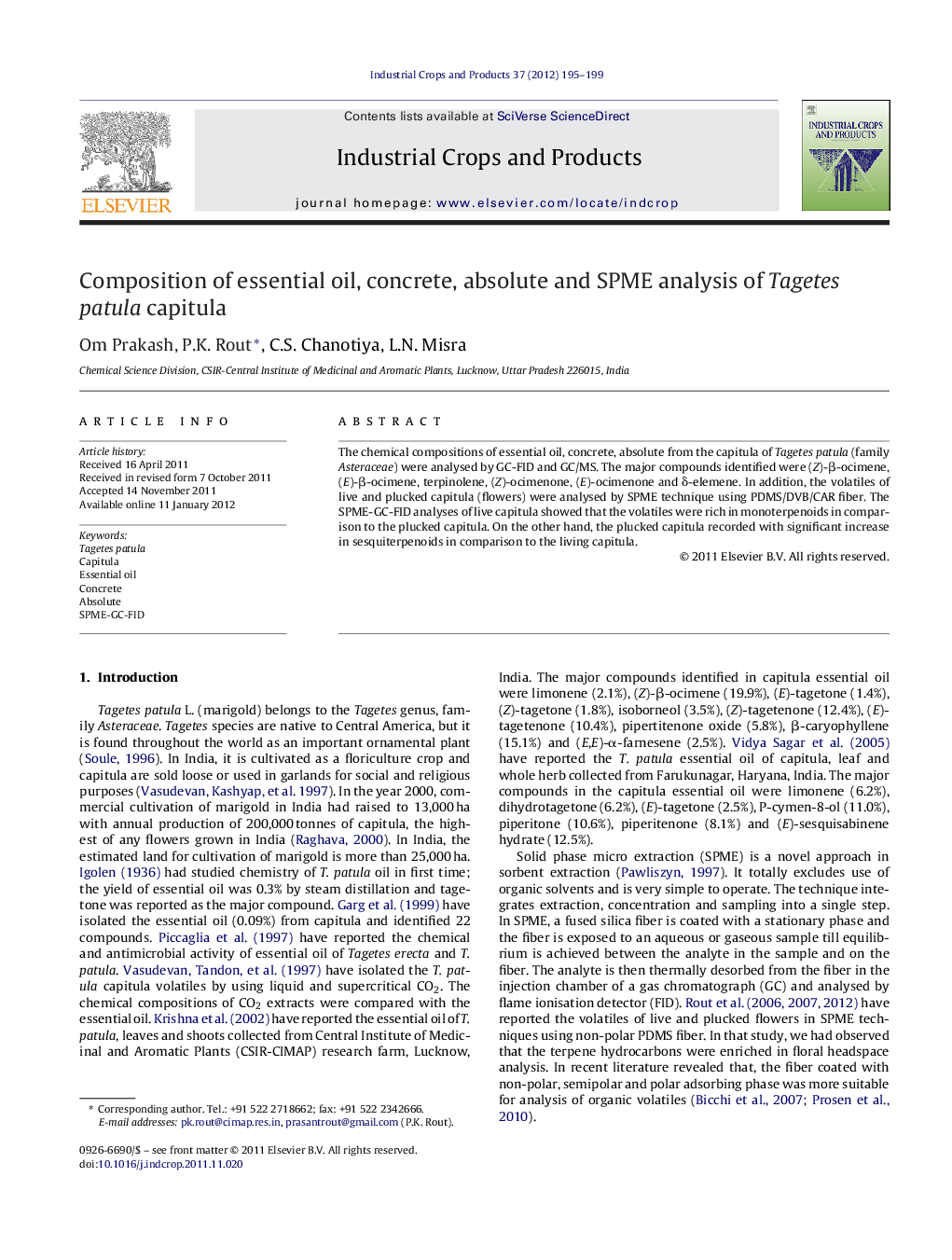 Composition of essential oil, concrete, absolute and SPME analysis of Tagetes patula capitula