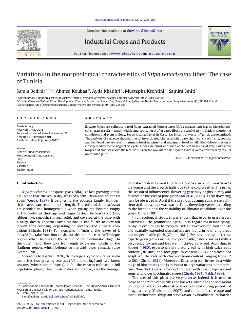 عکس صفحه اول مقاله: Variations in the morphological characteristics of Stipa tenacissima fiber: The case of Tunisia Variations in the morphological characteristics of Stipa tenacissima fiber: The case of Tunisia