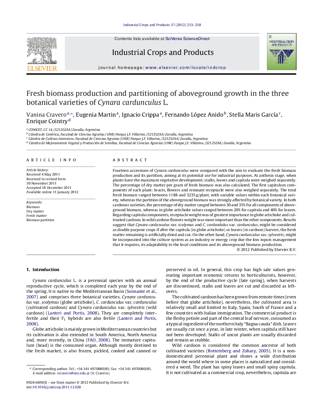 Fresh biomass production and partitioning of aboveground growth in the three botanical varieties of Cynara cardunculus L.