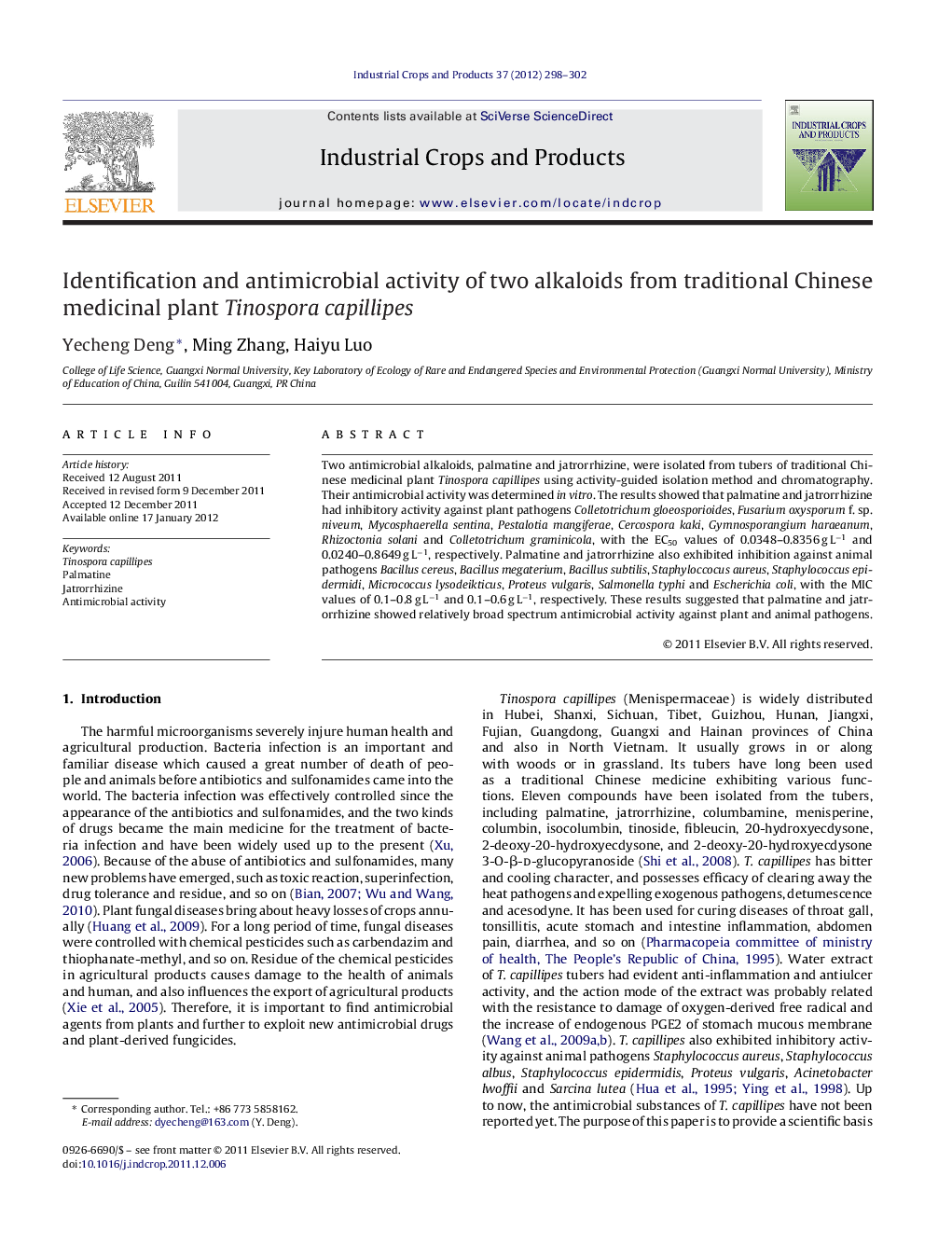 Identification and antimicrobial activity of two alkaloids from traditional Chinese medicinal plant Tinospora capillipes