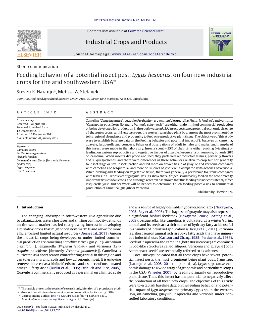 Feeding behavior of a potential insect pest, Lygus hesperus, on four new industrial crops for the arid southwestern USA 