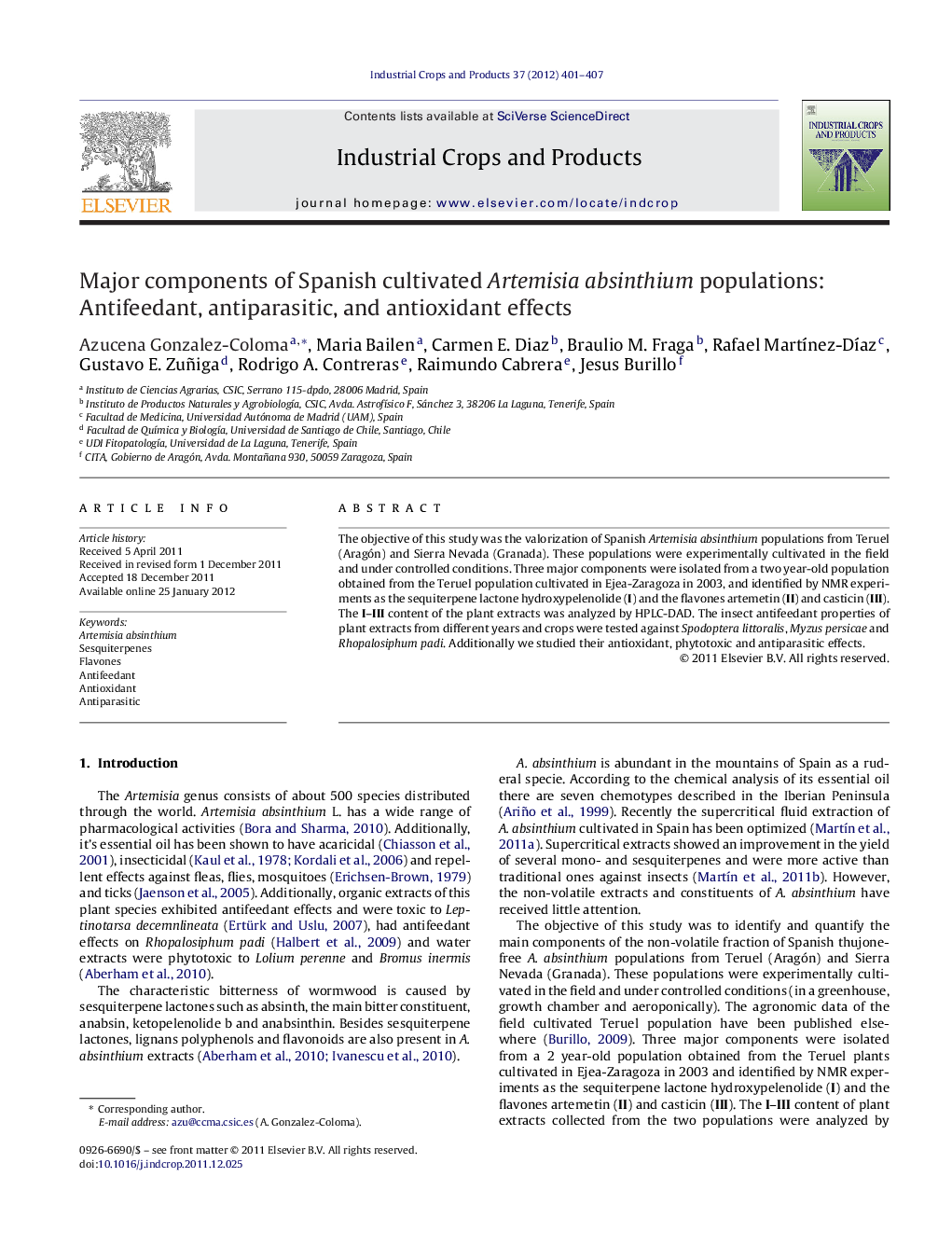 Major components of Spanish cultivated Artemisia absinthium populations: Antifeedant, antiparasitic, and antioxidant effects