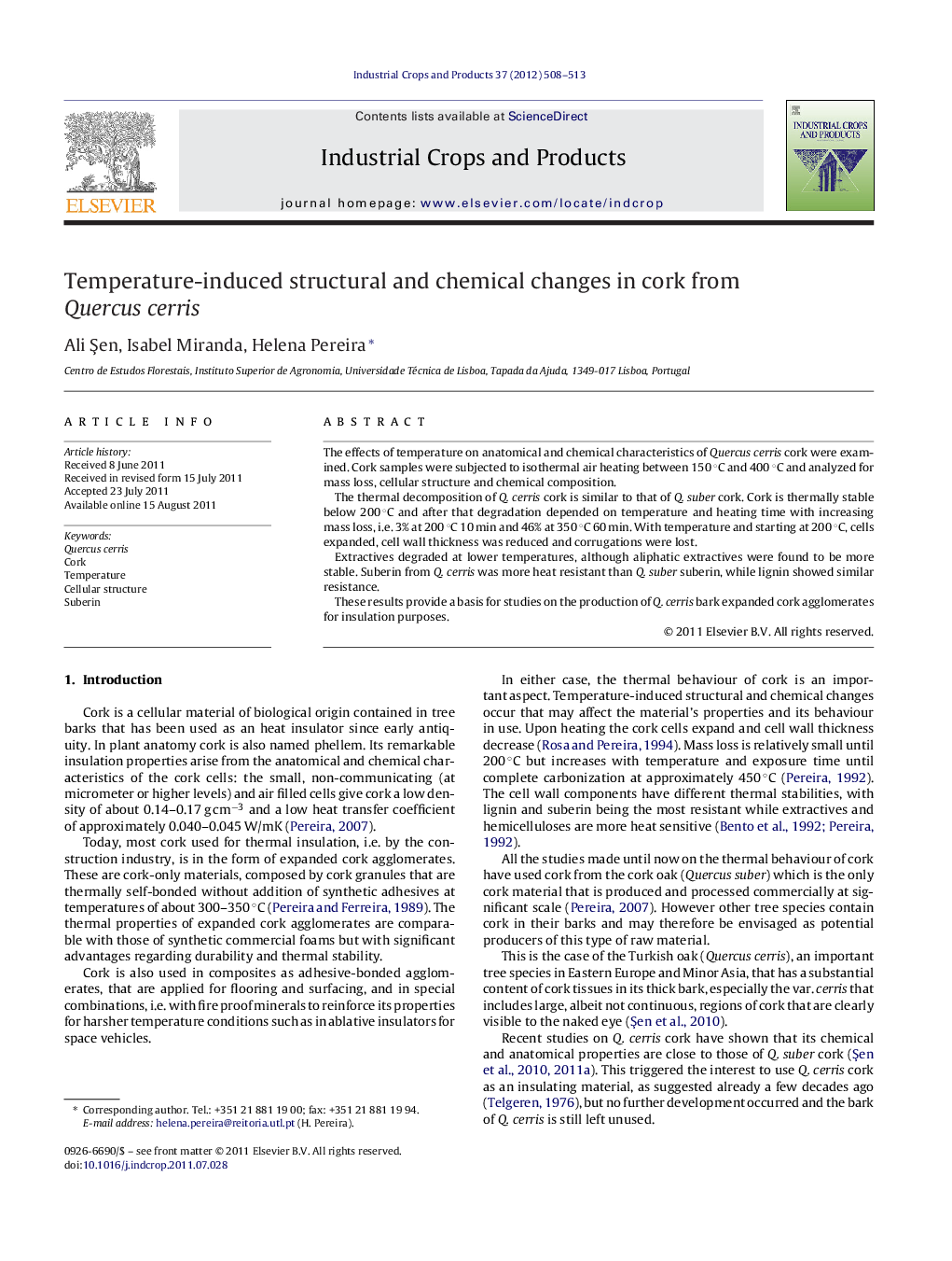 Temperature-induced structural and chemical changes in cork from Quercus cerris