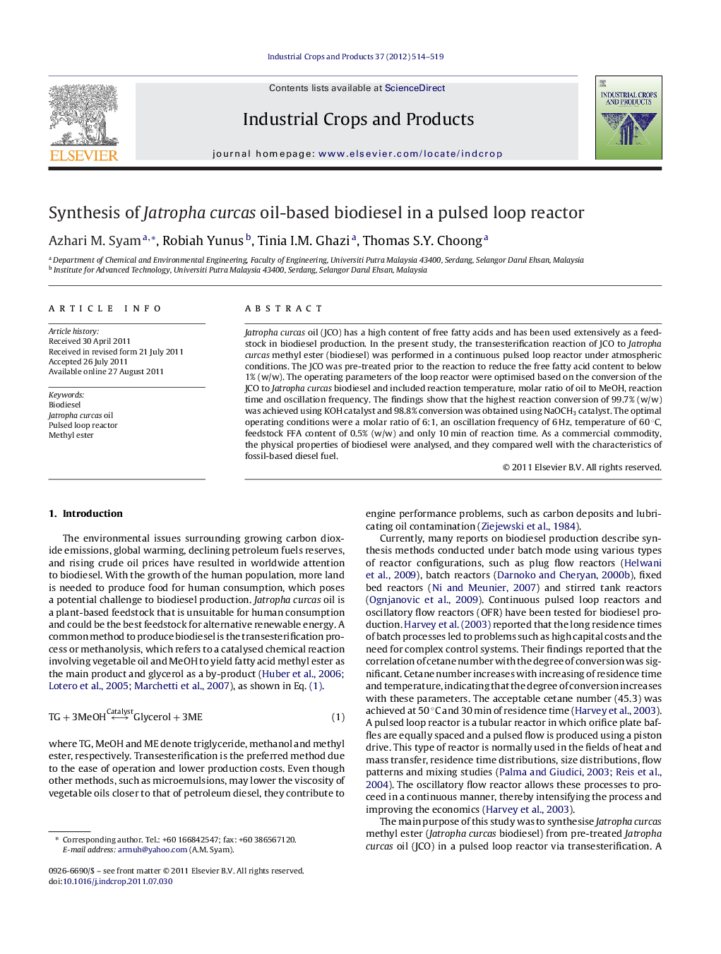 Synthesis of Jatropha curcas oil-based biodiesel in a pulsed loop reactor