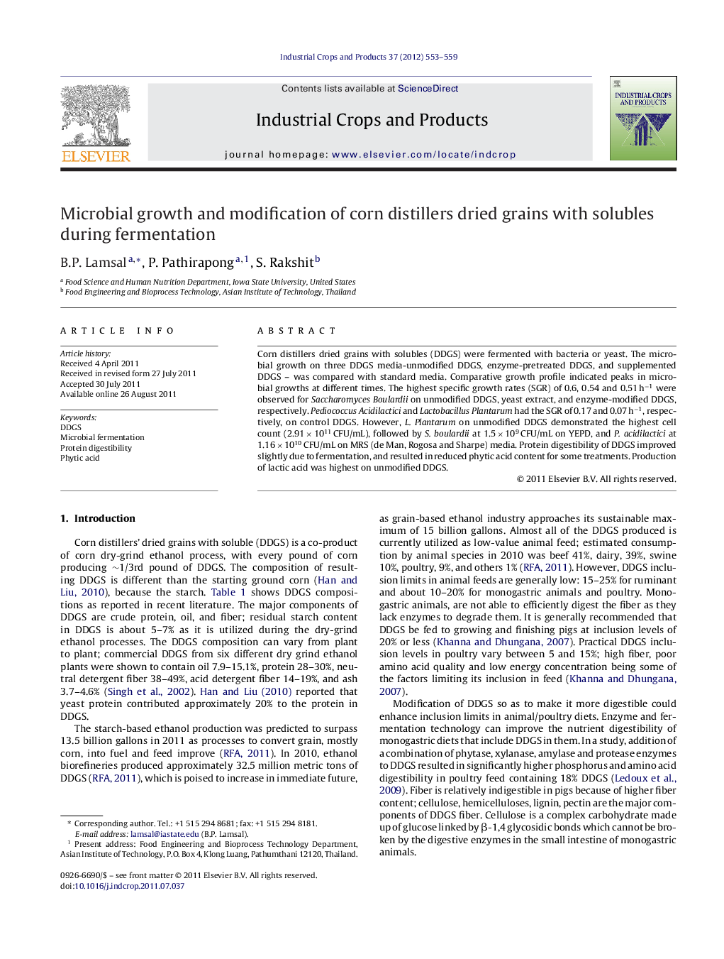 Microbial growth and modification of corn distillers dried grains with solubles during fermentation