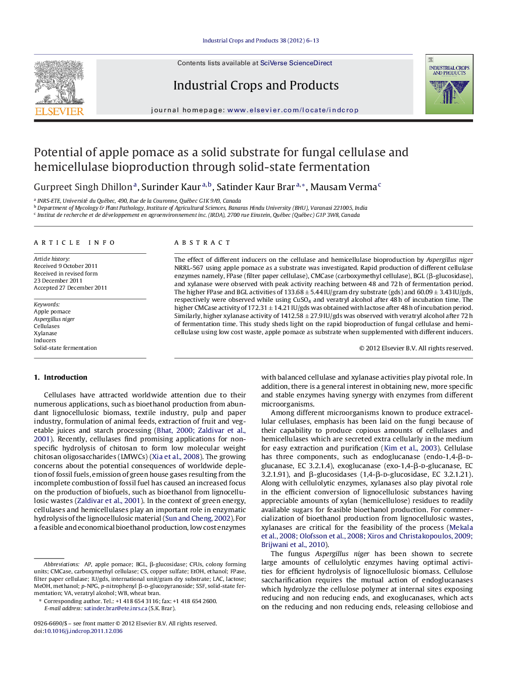 Potential of apple pomace as a solid substrate for fungal cellulase and hemicellulase bioproduction through solid-state fermentation