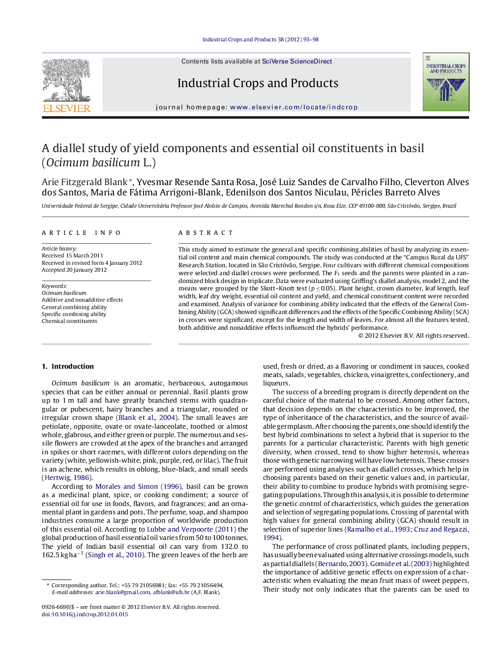 A diallel study of yield components and essential oil constituents in basil (Ocimum basilicum L.)