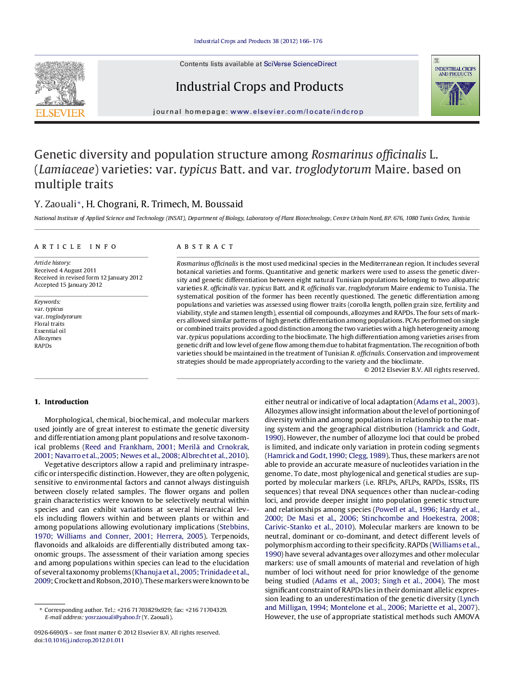 Genetic diversity and population structure among Rosmarinus officinalis L. (Lamiaceae) varieties: var. typicus Batt. and var. troglodytorum Maire. based on multiple traits