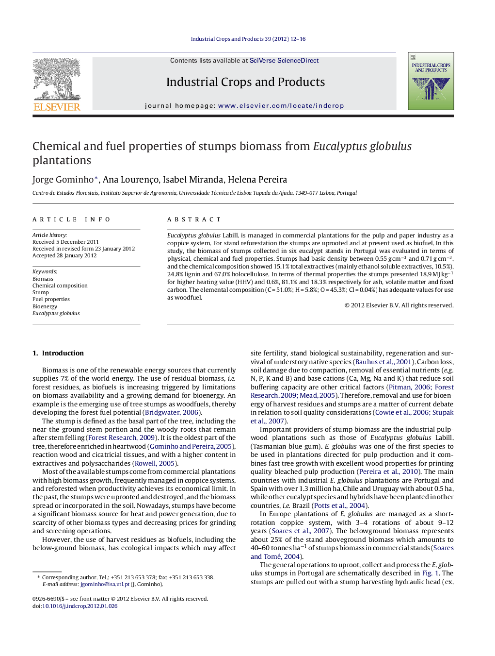 Chemical and fuel properties of stumps biomass from Eucalyptus globulus plantations