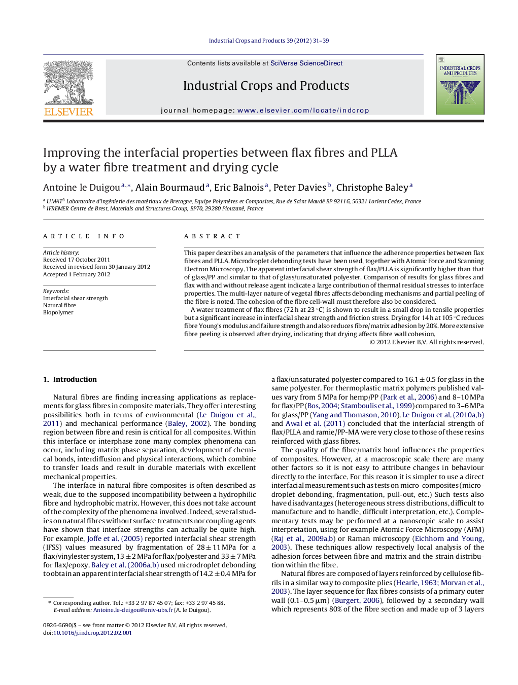 Improving the interfacial properties between flax fibres and PLLA by a water fibre treatment and drying cycle