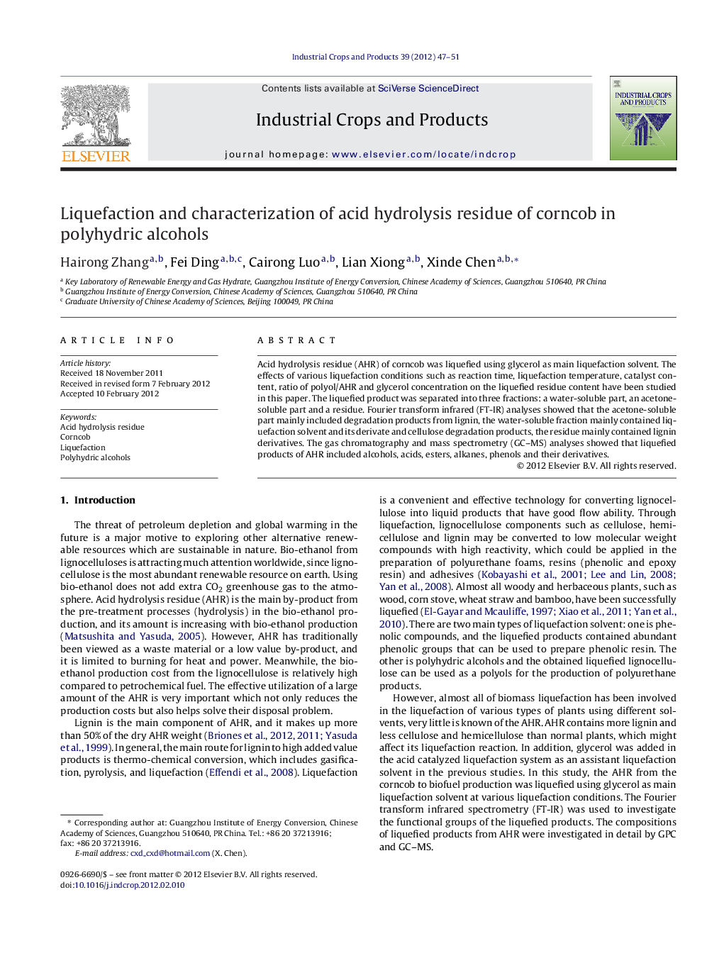 Liquefaction and characterization of acid hydrolysis residue of corncob in polyhydric alcohols