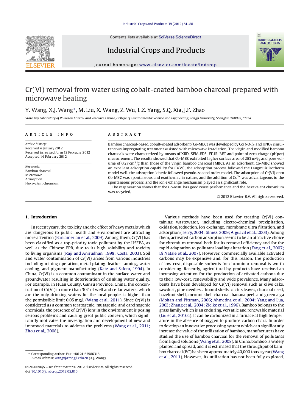 Cr(VI) removal from water using cobalt-coated bamboo charcoal prepared with microwave heating