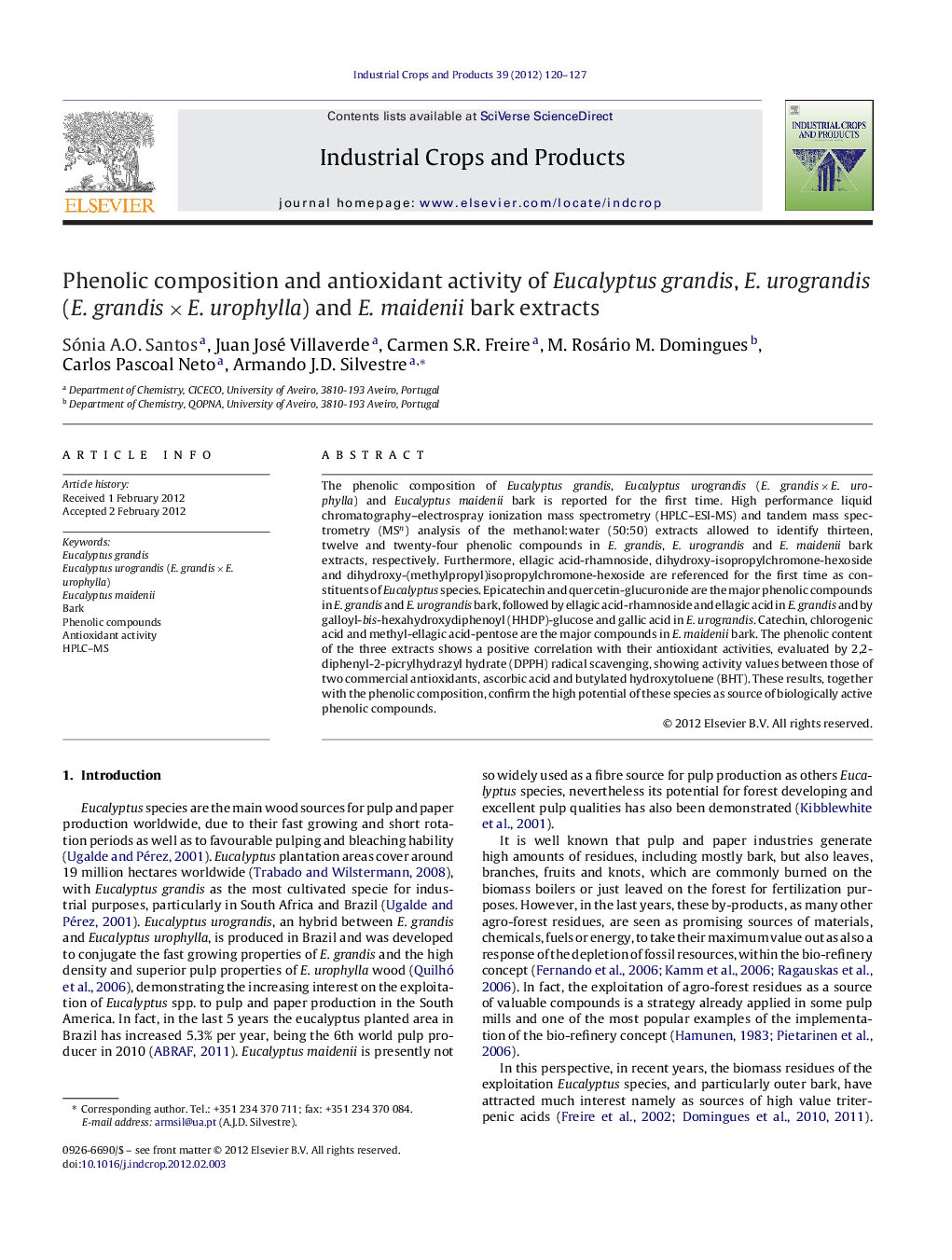 Phenolic composition and antioxidant activity of Eucalyptus grandis, E. urograndis (E. grandis × E. urophylla) and E. maidenii bark extracts