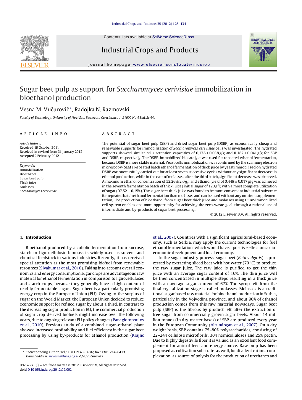 Sugar beet pulp as support for Saccharomyces cerivisiae immobilization in bioethanol production