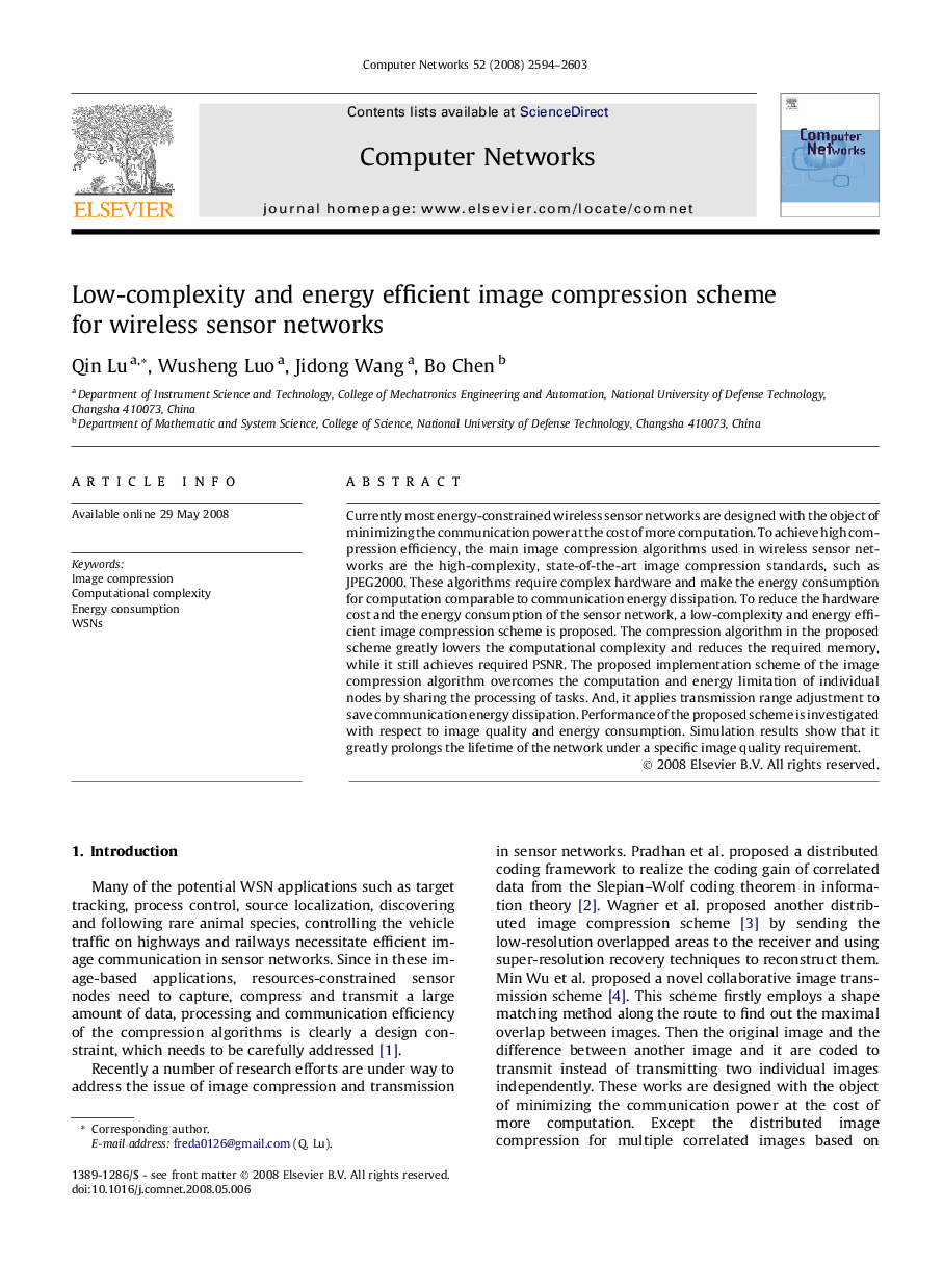 Low-complexity and energy efficient image compression scheme for wireless sensor networks