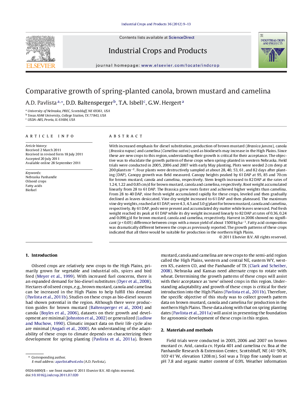 Comparative growth of spring-planted canola, brown mustard and camelina