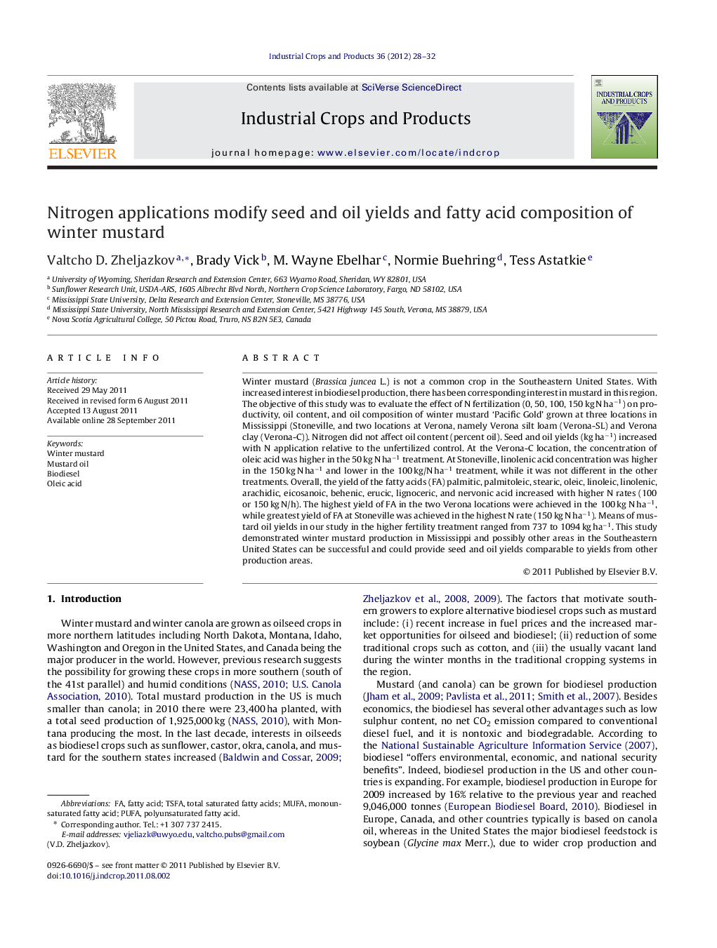 Nitrogen applications modify seed and oil yields and fatty acid composition of winter mustard