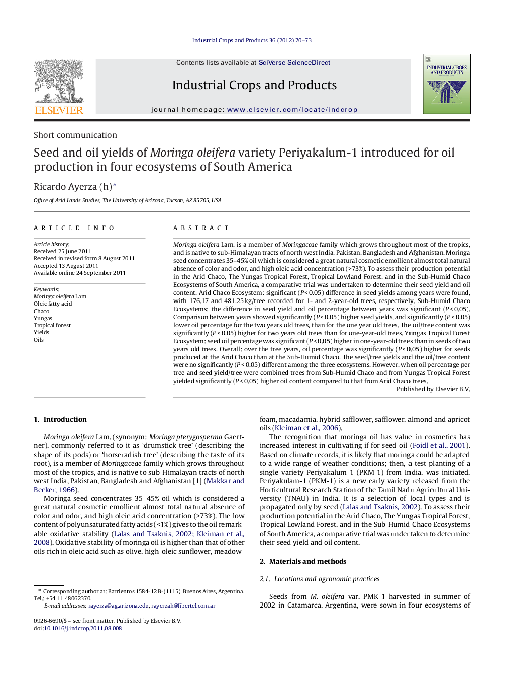 Seed and oil yields of Moringa oleifera variety Periyakalum-1 introduced for oil production in four ecosystems of South America