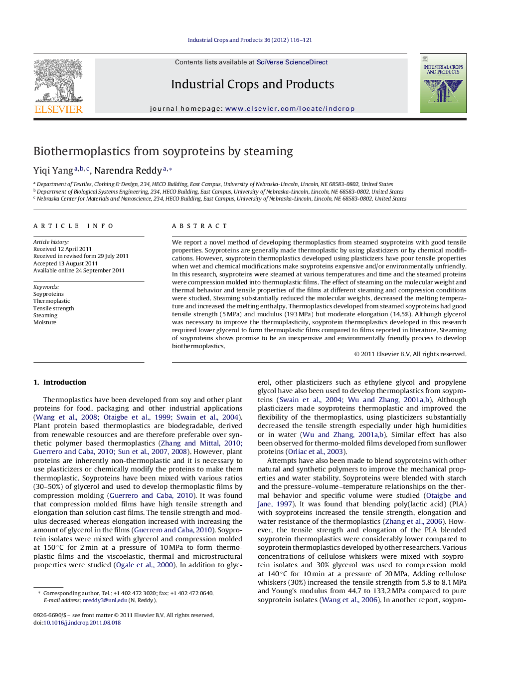 عکس صفحه اول مقاله: Biothermoplastics from soyproteins by steaming Biothermoplastics from soyproteins by steaming