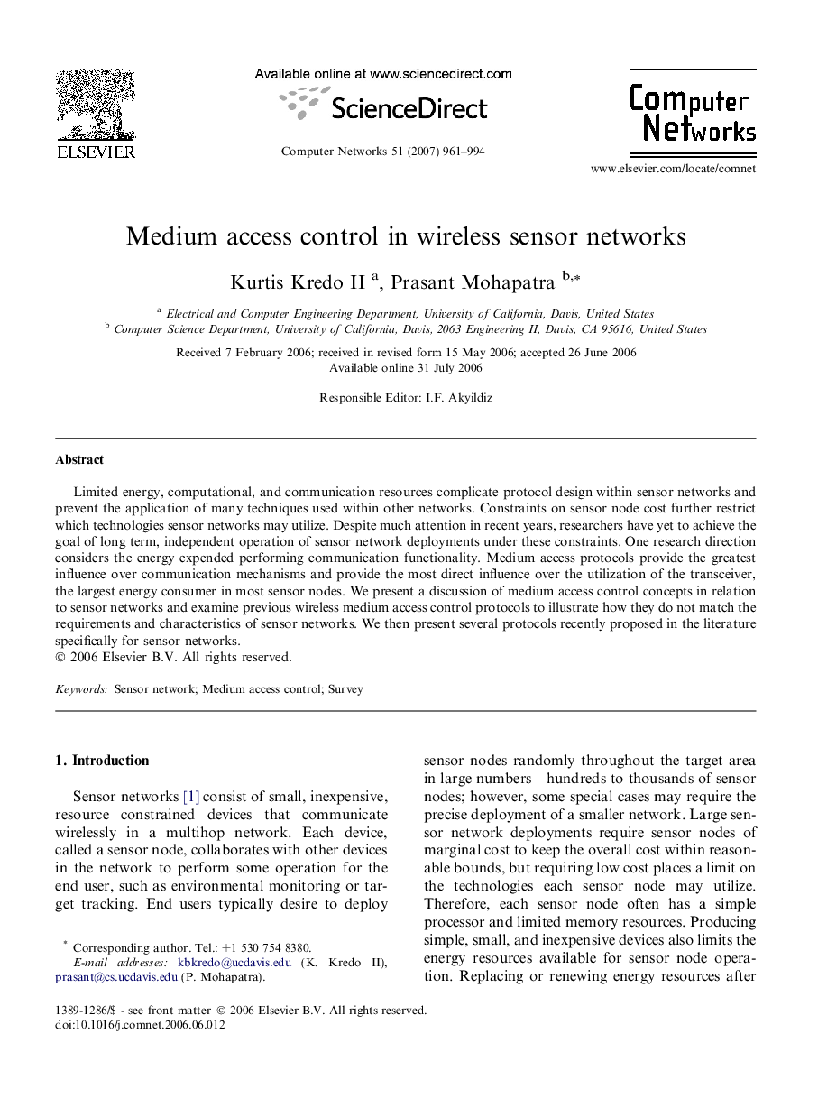 Medium access control in wireless sensor networks