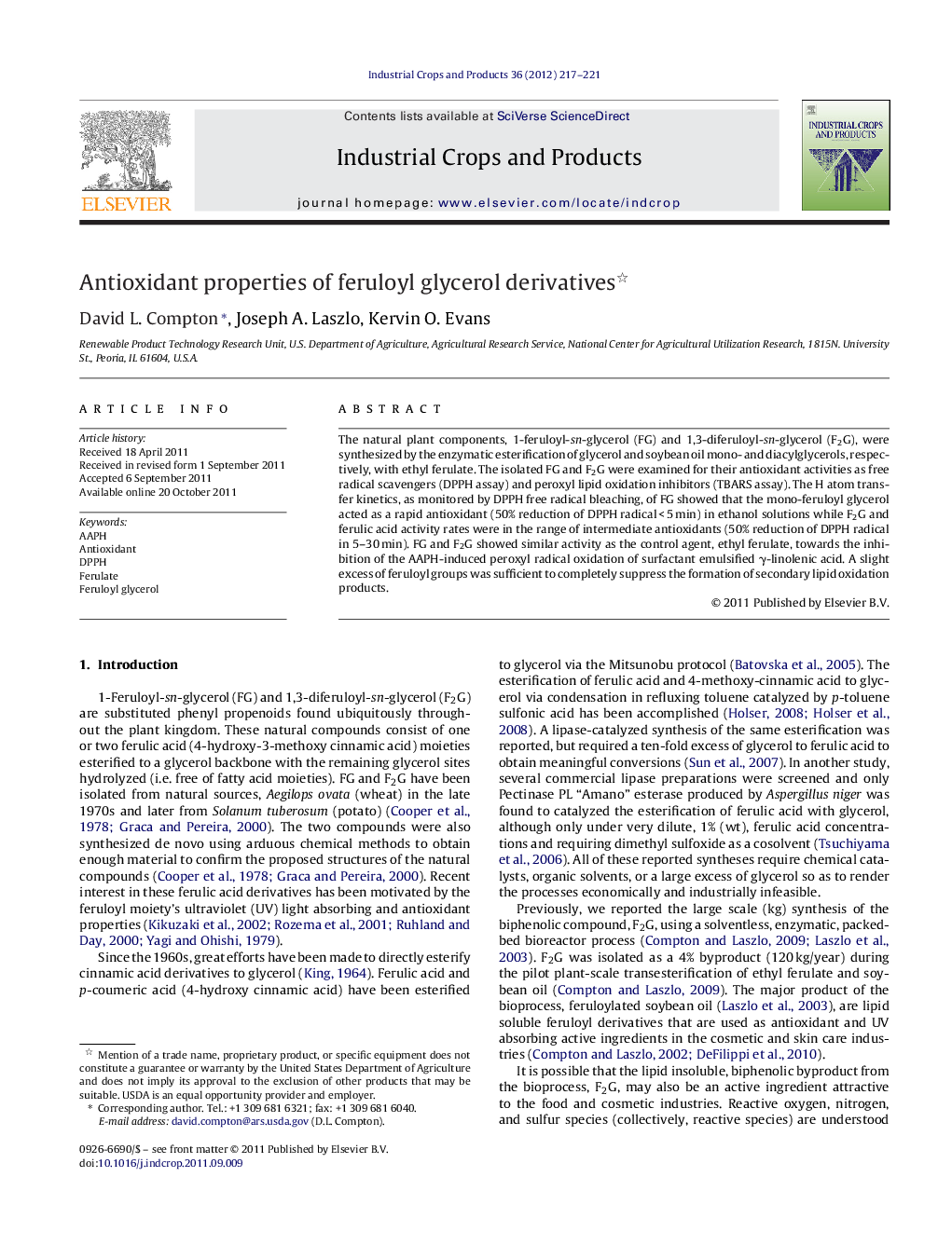 Antioxidant properties of feruloyl glycerol derivatives 